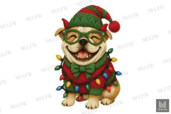 Faux Crochet Christmas Bulldog Dog PNG