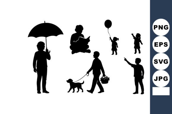 Silhouettes People Walking Umbrella Dog