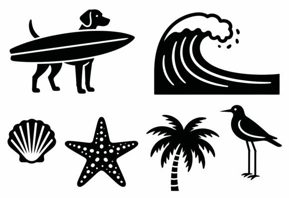 Surfing Dog Wave Palm Tree Beach Clipart